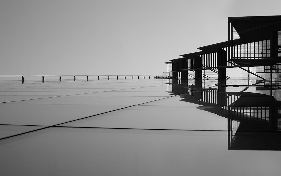 A striking minimalist black and white image featuring architectural reflections on glass surfaces.