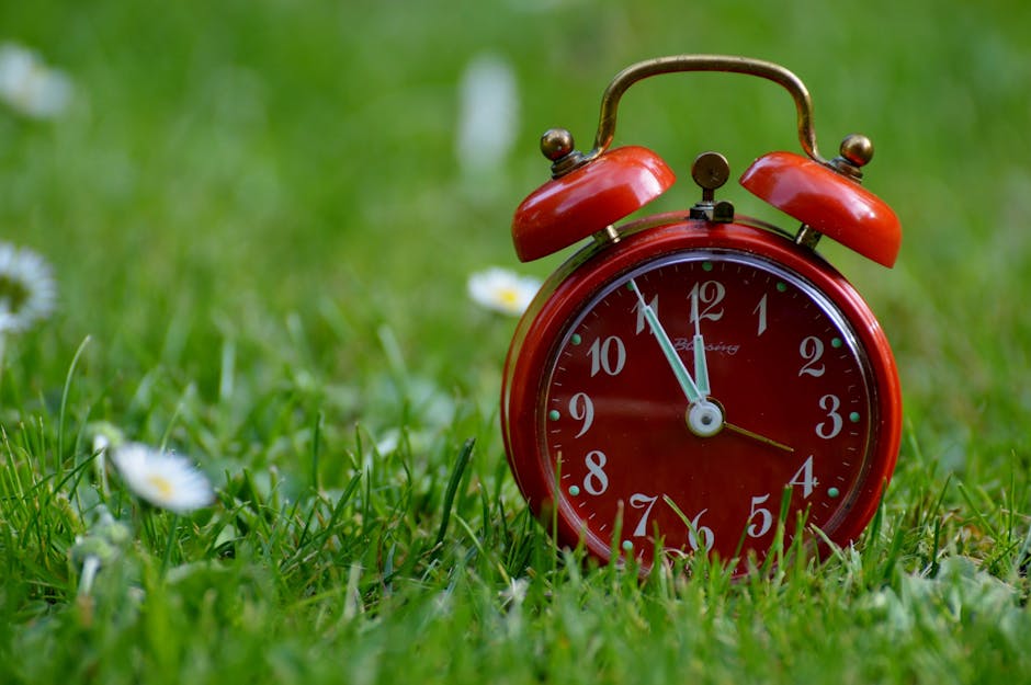 Red vintage alarm clock on lush green grass, symbolizing time and nature. phone-free morning routine